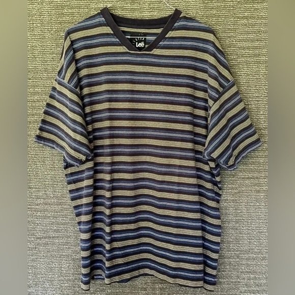 Vintage 90s LEE Riveted Striped V-Neck Tshirt Sz Lg - Picture 1 of 5